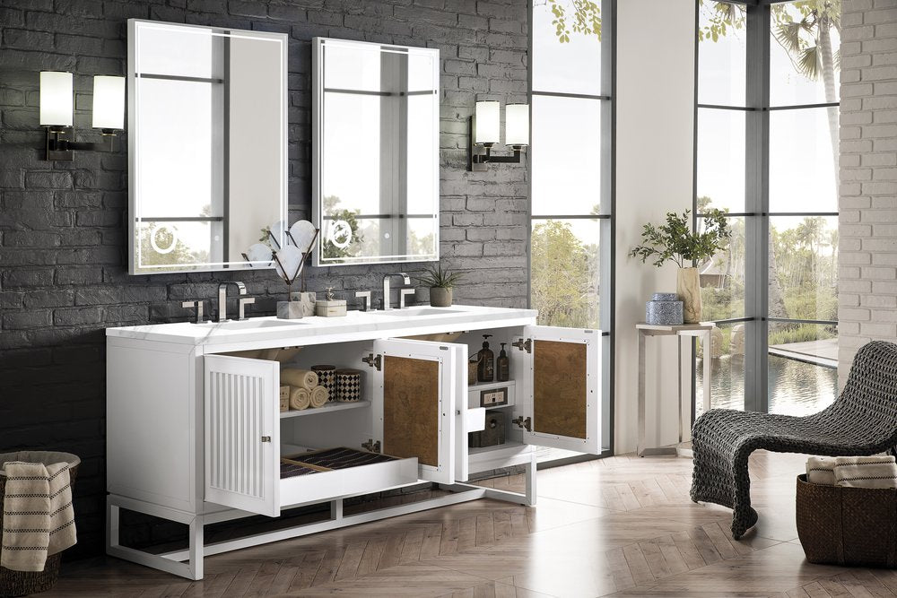 James Martin - Athens 72" Double Vanity, Glossy White w/ 3 CM Carrara White Top - E645-V72-GW-3CAR view 6