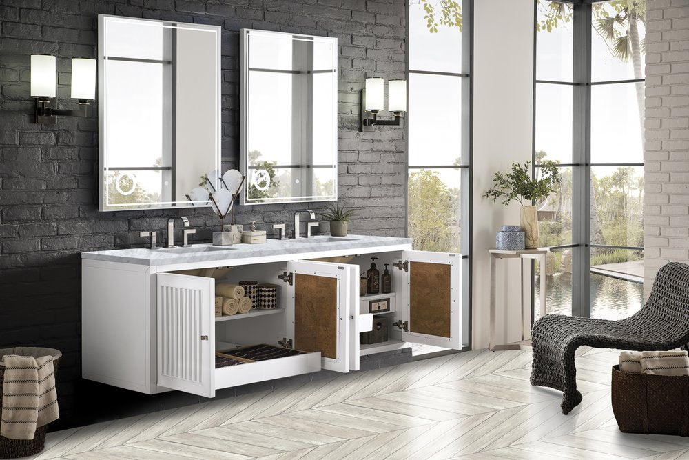 James Martin - Athens 72" Double Vanity, Glossy White w/ 3 CM Carrara White Top - E645-V72-GW-3CAR view 9