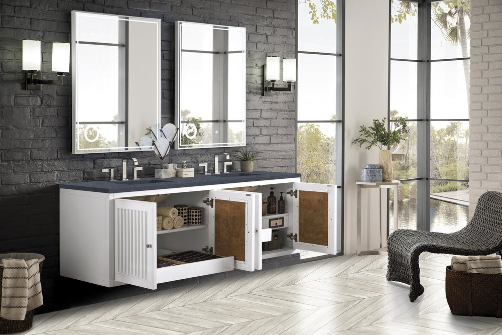 James Martin - Athens 72" Double Vanity, Glossy White w/ 3 CM Charcoal Soapstone Silestone Top - E645-V72-GW-3CSP view 9