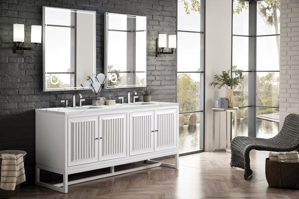 James Martin - Athens 72" Double Vanity, Glossy White w/ 3 CM Ethereal Noctis Top - E645-V72-GW-3ENC view 3