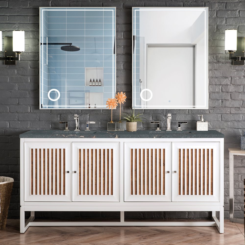 James Martin - Athens 72" Double Vanity, Glossy White w/ 3 CM Parisien Bleu Silestone Top - E645-V72-GW-3PBL view 2