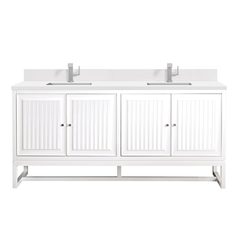 James Martin - Athens 72" Double Vanity, Glossy White w/ Single Hole 3 CM White Zeus Silestone Top & Backsplash - E645-V72-GW-1WZ view 1