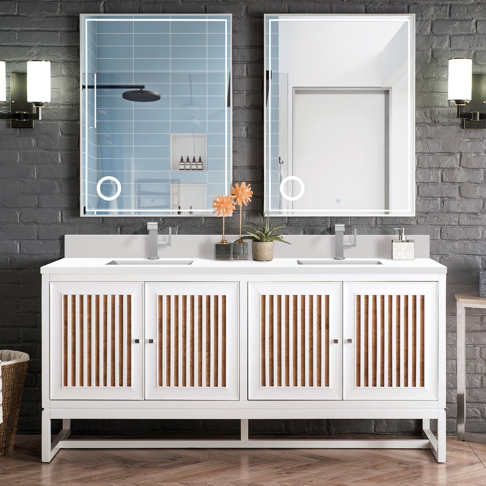 James Martin - Athens 72" Double Vanity, Glossy White w/ Single Hole 3 CM White Zeus Silestone Top & Backsplash - E645-V72-GW-1WZ view 2