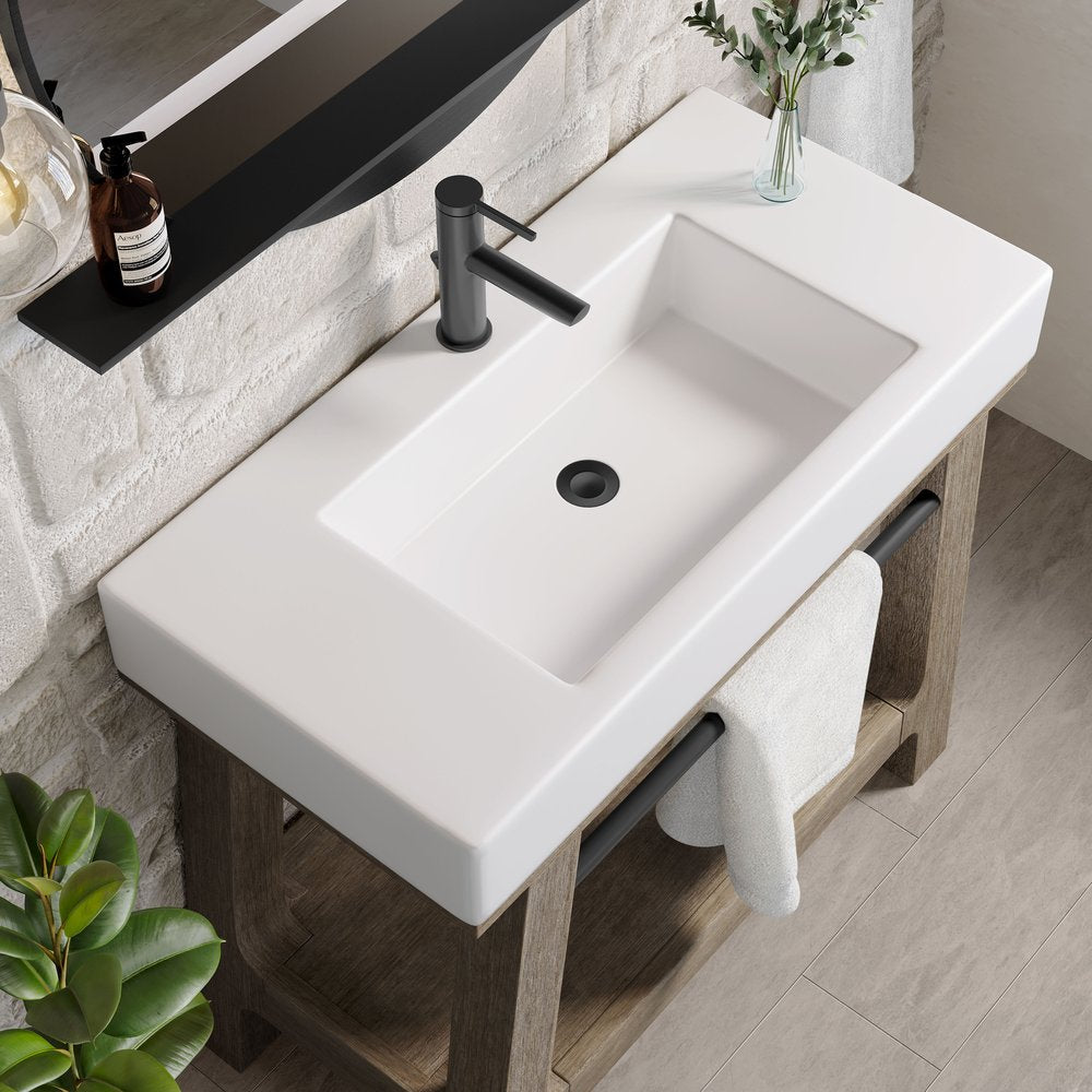 James Martin - Auburn 36" Single Sink Console, Weathered Timber w/ Glossy White Mineral Composite Stone Top - 165-V36-WTB-GW view 7