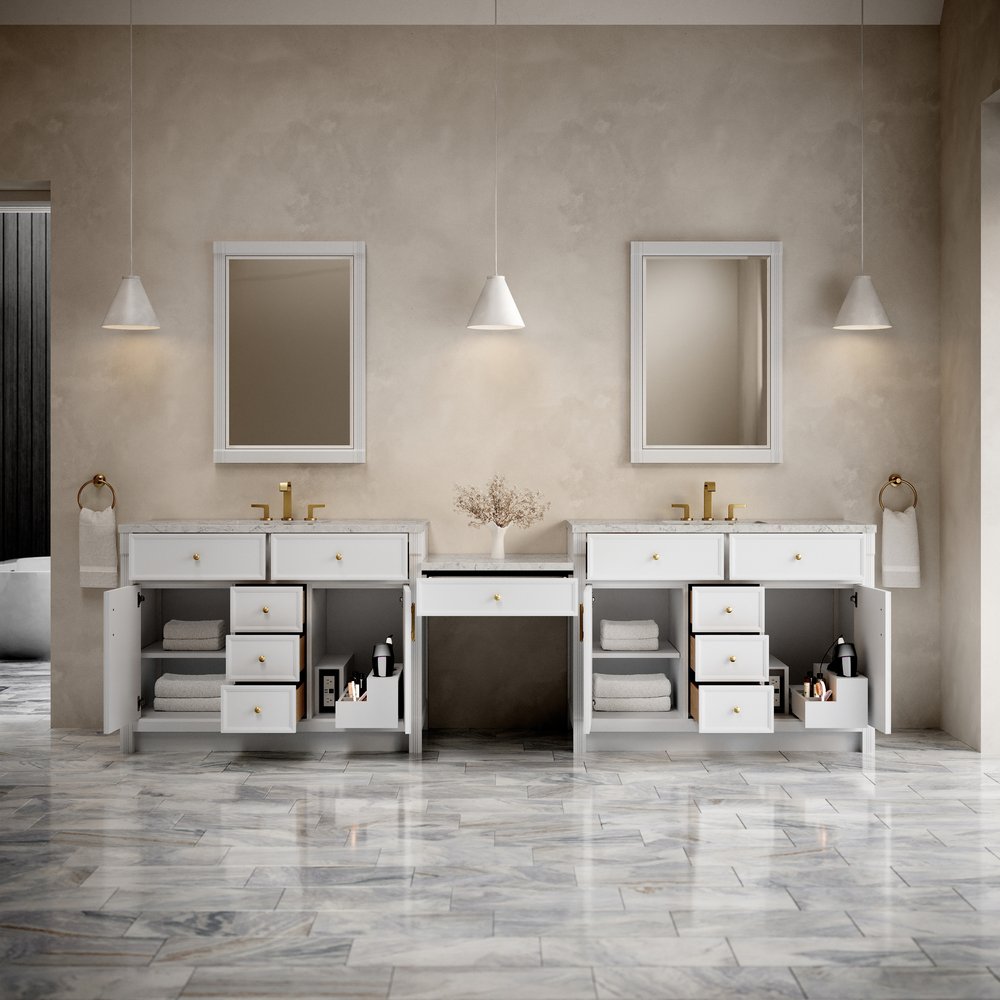 James Martin - Bellshire 120" Dual Vanity Set with 24" Make-Up Counter, Bright White w/3 cm Eternal Jasmine Pearl Silestone Top w/FreePower Wireless Charger - 660-VMC120-BW-FEJP view 3