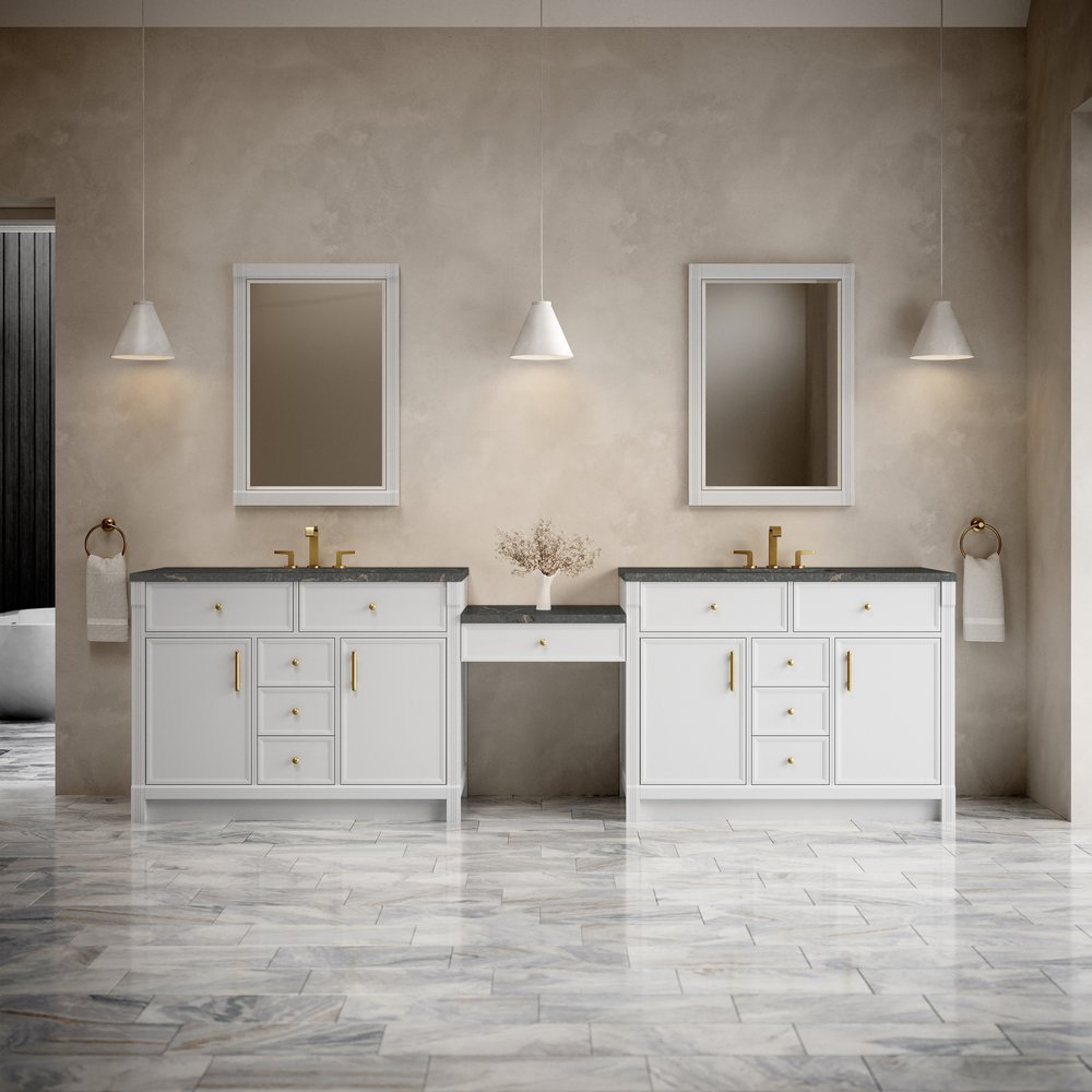 James Martin - Bellshire 120" Dual Vanity Set with 24" Make-Up Counter, Bright White w/3 cm Parisien Bleu Silestone Top w/FreePower Wireless Charger - 660-VMC120-BW-FPBL view 2