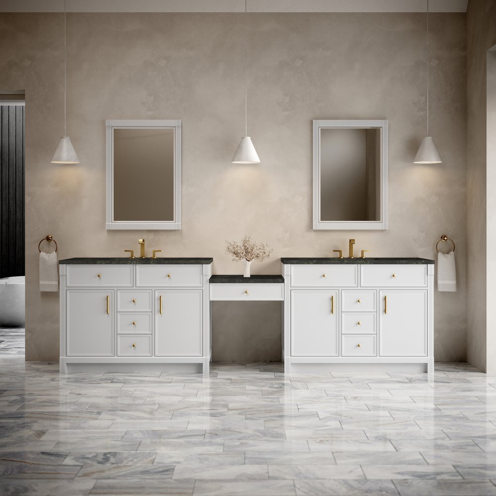 James Martin - Bellshire 120" Dual Vanity Set with 24" Make-Up Counter, Bright White w/3 cm Phantome Eclos Top - 660-VMC120-BW-3PHT view 2