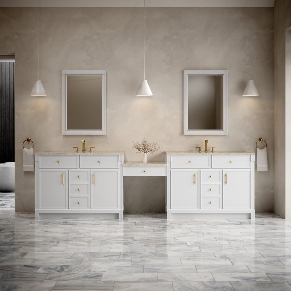 James Martin - Bellshire 120" Dual Vanity Set with 24" Make-Up Counter, Bright White w/3 cm Tajnar Eclos Top w/FreePower Wireless Charger - 660-VMC120-BW-FTJR view 2
