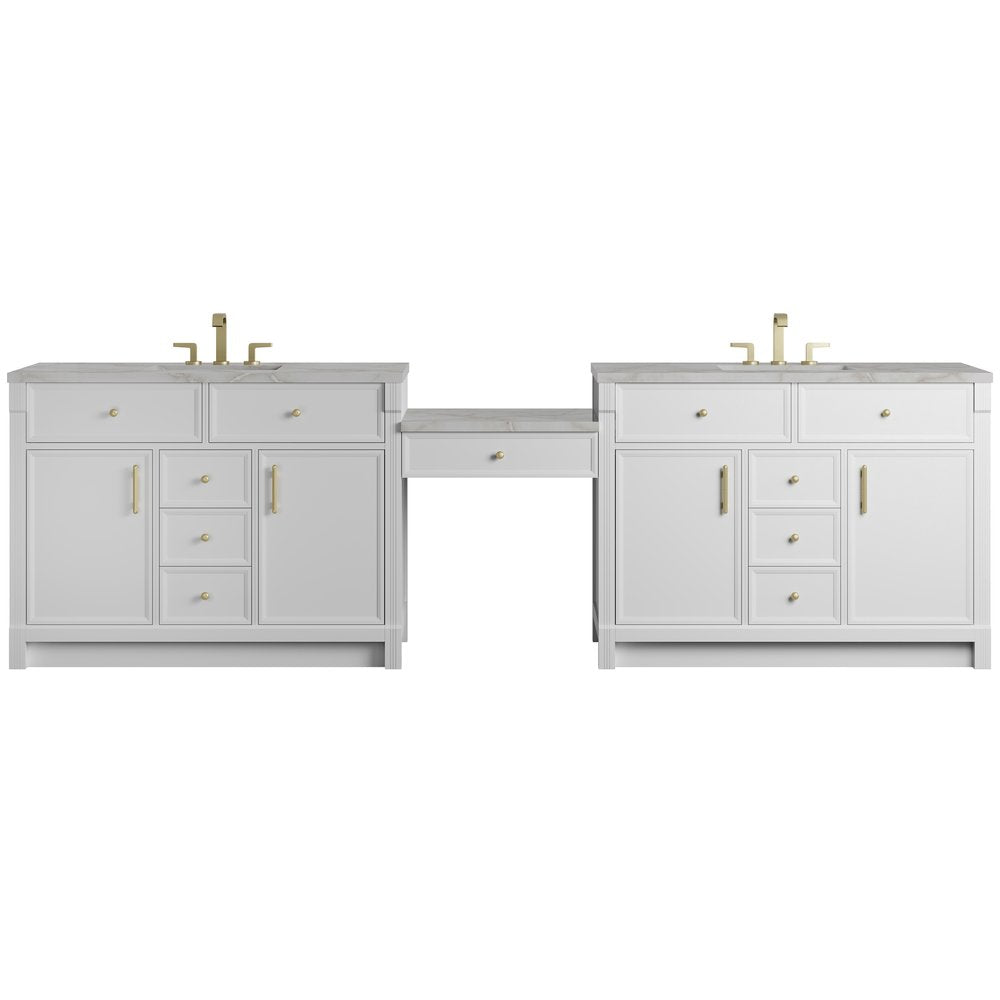 James Martin - Bellshire 120" Dual Vanity Set with 24" Make-Up Counter, Bright White w/3 cm Victorian Silver Silestone Top - 660-VMC120-BW-3VSL view 1
