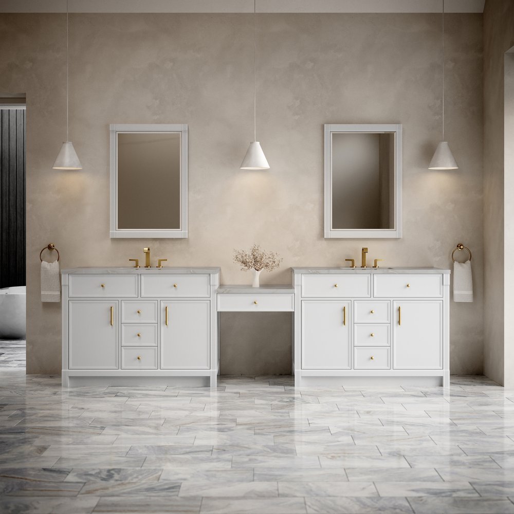James Martin - Bellshire 120" Dual Vanity Set with 24" Make-Up Counter, Bright White w/3 cm Victorian Silver Silestone Top - 660-VMC120-BW-3VSL view 2