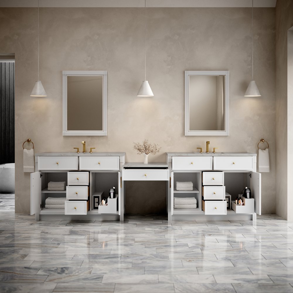 James Martin - Bellshire 120" Dual Vanity Set with 24" Make-Up Counter, Bright White w/3 cm Victorian Silver Silestone Top w/FreePower Wireless Charger - 660-VMC120-BW-FVSL view 3
