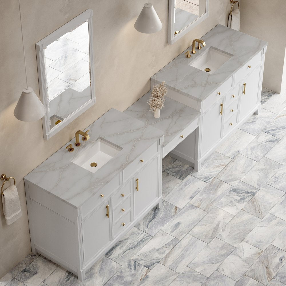 James Martin - Bellshire 120" Dual Vanity Set with 24" Make-Up Counter, Bright White w/3 cm Victorian Silver Silestone Top w/FreePower Wireless Charger - 660-VMC120-BW-FVSL view 4