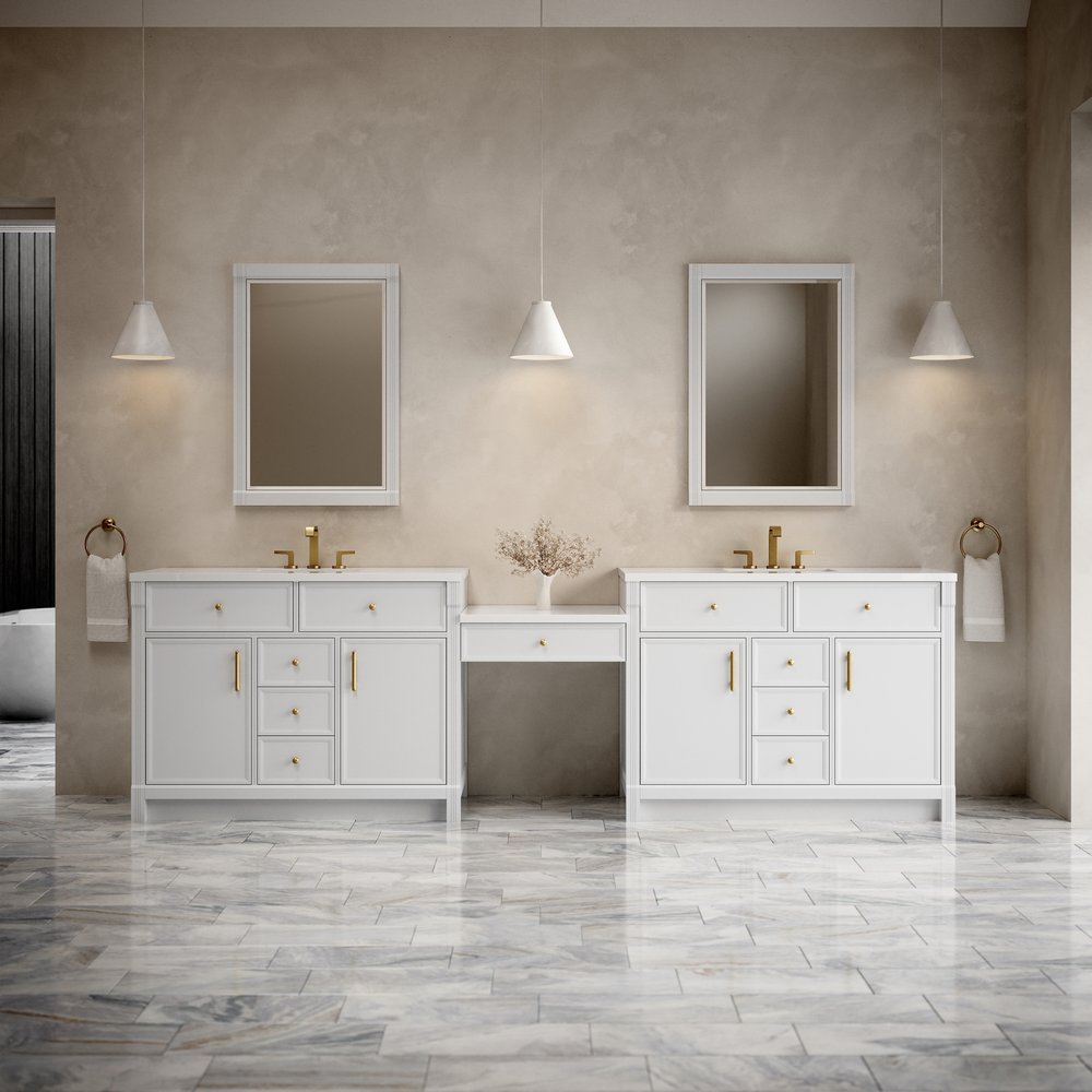 James Martin - Bellshire 120" Dual Vanity Set with 24" Make-Up Counter, Bright White w/3 cm White Zeus Silestone Top - 660-VMC120-BW-3WZ view 2