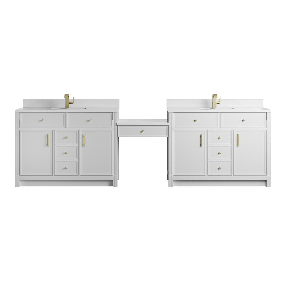James Martin - Bellshire 120" Dual Vanity Set with 24" Make-Up Counter, Bright White w/Single Hole 3 cm White Zeus Silestone Top & Backsplash - 660-VMC120-BW-1WZ view 1