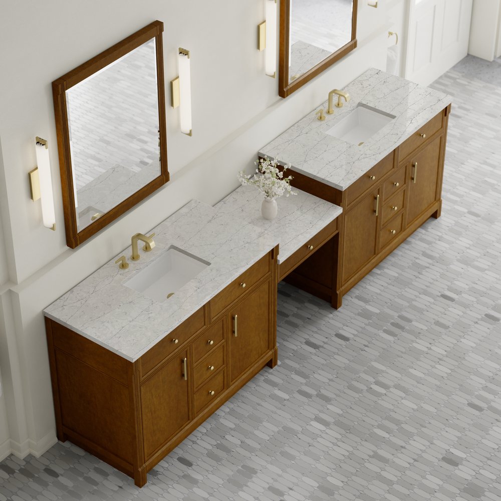 James Martin - Bellshire 120" Dual Vanity Set with 24" Make-Up Counter, Honey Oak w/3 cm Eternal Jasmine Pearl Silestone Top - 660-VMC120-HNO-3EJP view 4