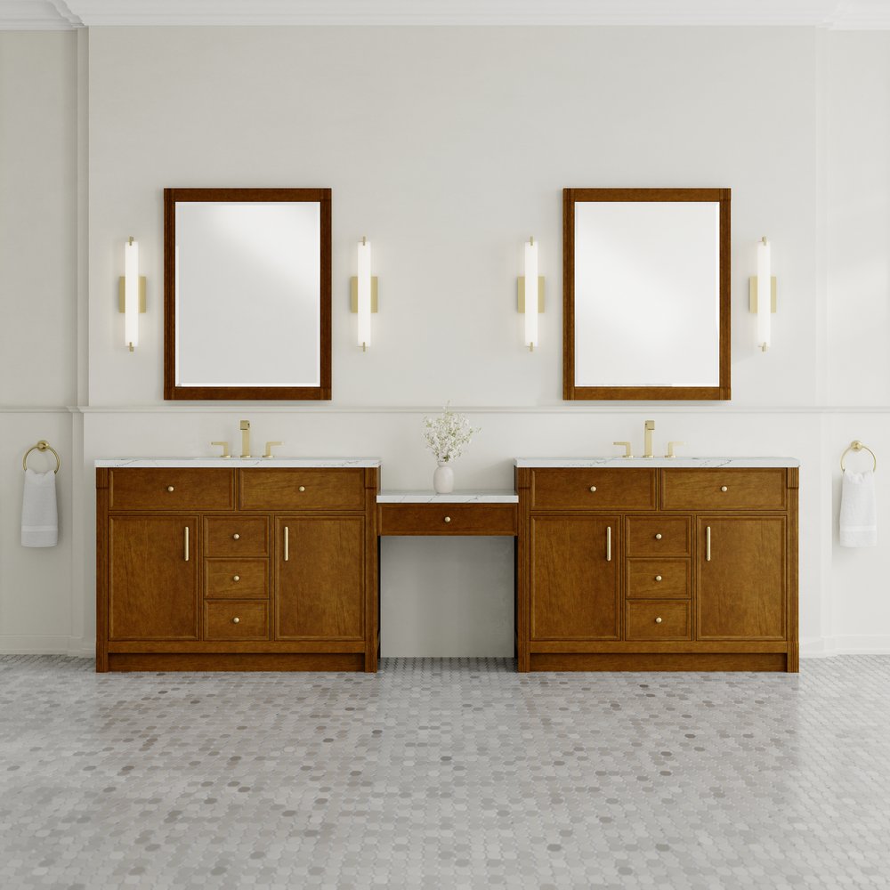 James Martin - Bellshire 120" Dual Vanity Set with 24" Make-Up Counter, Honey Oak w/3 cm Ethereal Noctis Silestone Top - 660-VMC120-HNO-3ENC view 2