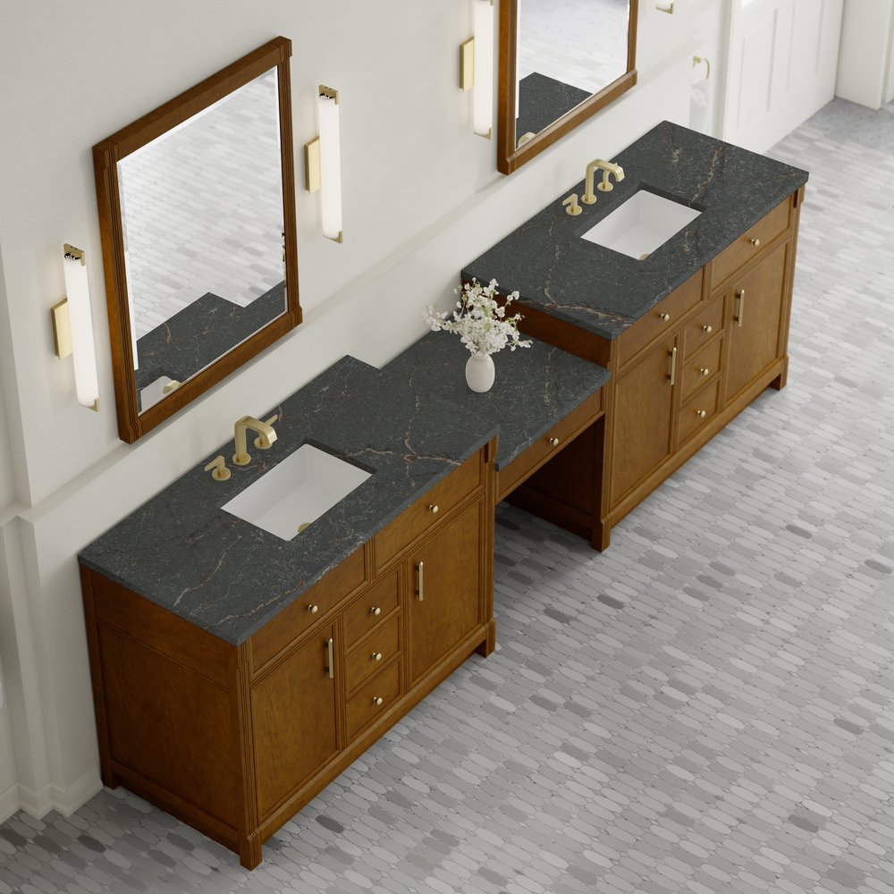 James Martin - Bellshire 120" Dual Vanity Set with 24" Make-Up Counter, Honey Oak w/3 cm Parisien Bleu Silestone Top - 660-VMC120-HNO-3PBL view 4