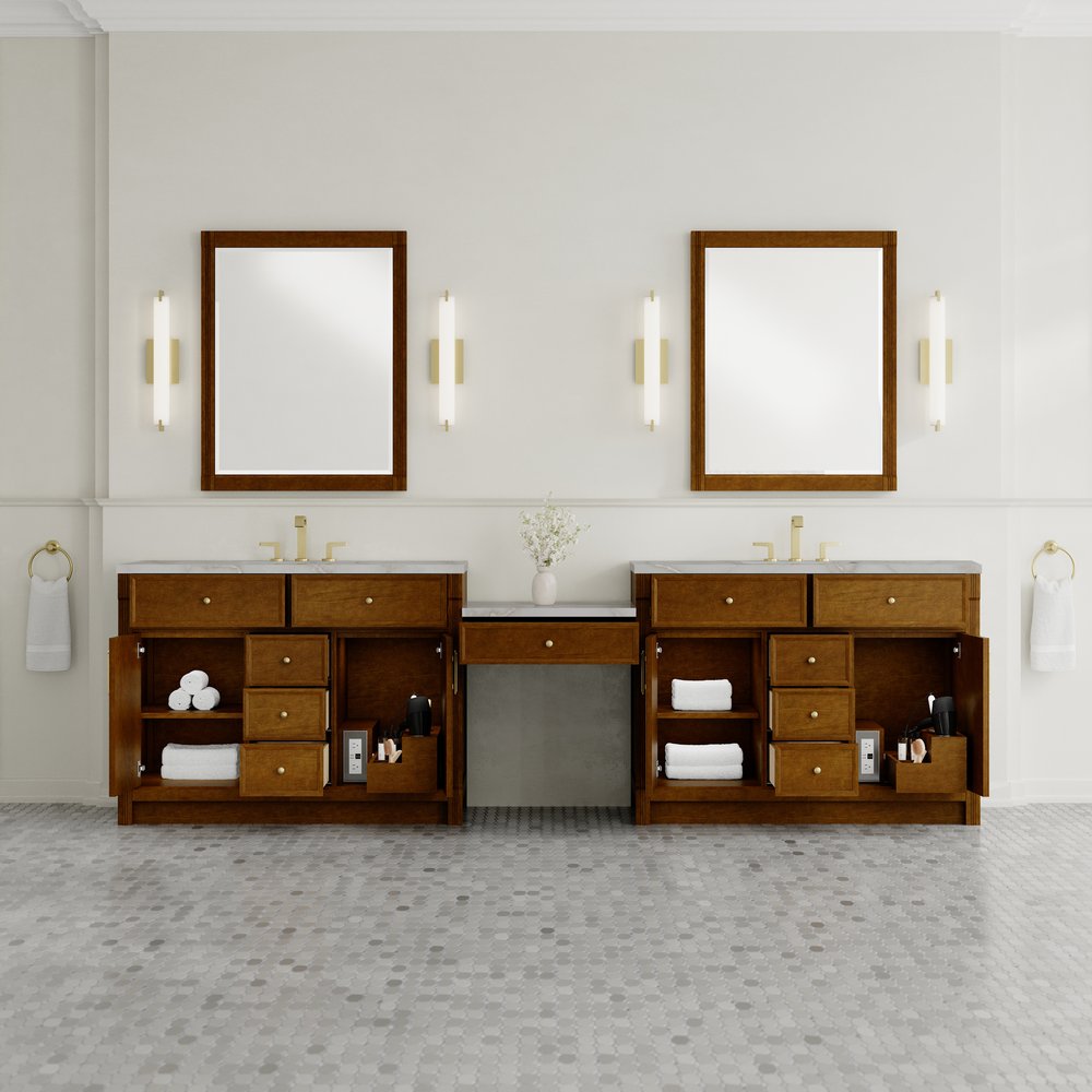 James Martin - Bellshire 120" Dual Vanity Set with 24" Make-Up Counter, Honey Oak w/3 cm Victorian Silver Silestone Top w/FreePower Wireless Charger - 660-VMC120-HNO-FVSL view 3