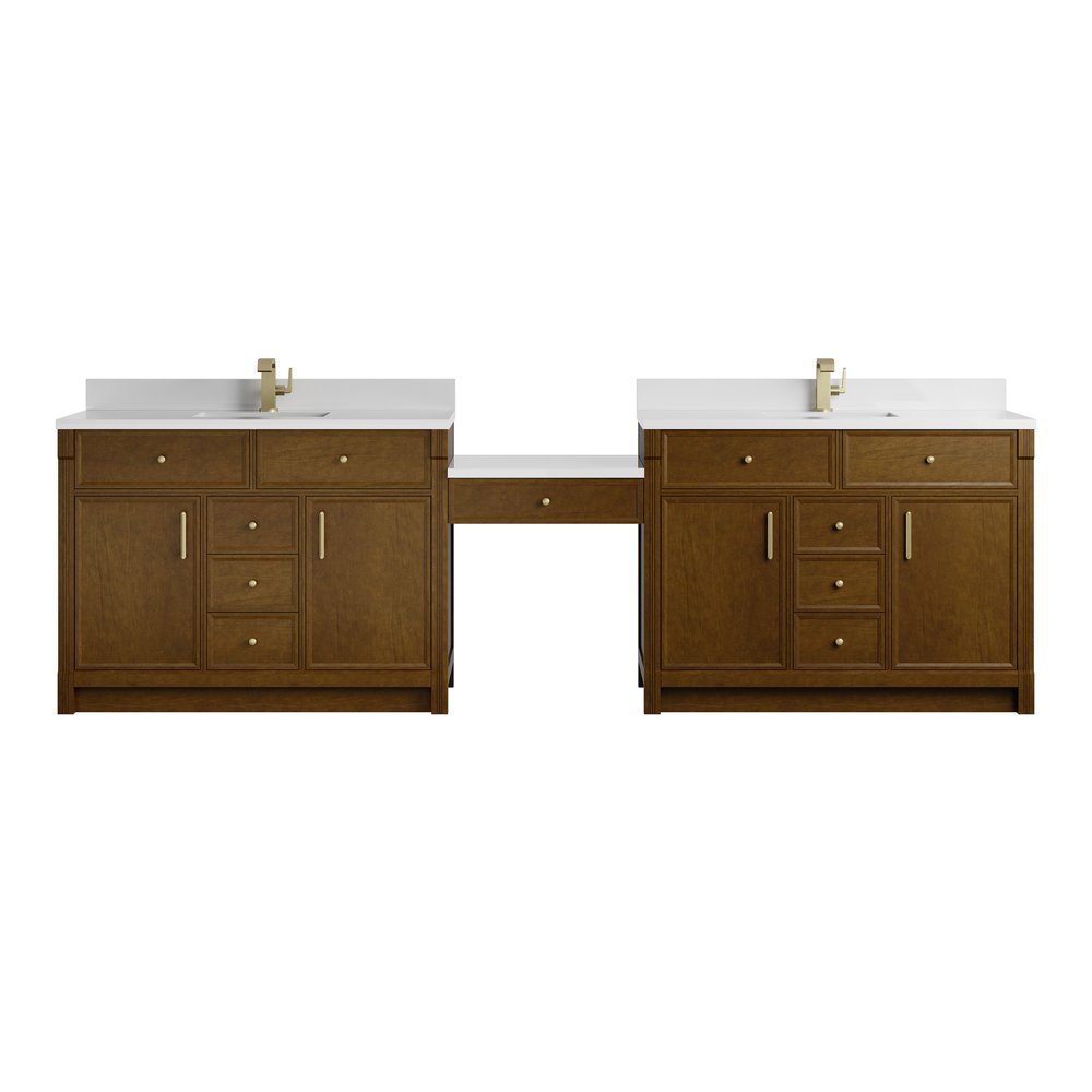 James Martin - Bellshire 120" Dual Vanity Set with 24" Make-Up Counter, Honey Oak w/Single Hole 3 cm White Zeus Silestone Top & Backsplash - 660-VMC120-HNO-1WZ view 1