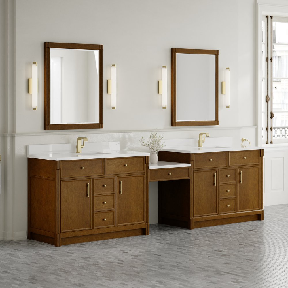 James Martin - Bellshire 120" Dual Vanity Set with 24" Make-Up Counter, Honey Oak w/Single Hole 3 cm White Zeus Silestone Top & Backsplash - 660-VMC120-HNO-1WZ view 3