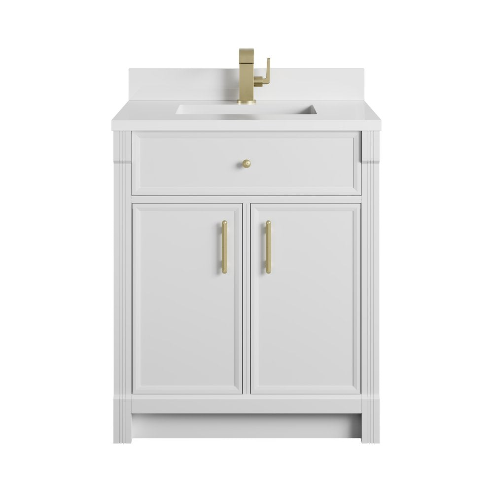 James Martin - Bellshire 30" Single Vanity, Bright White w/ Single Hole 3 CM White Zeus Silestone Top and Matching Backsplash - 660-V30-BW-1WZ view 1