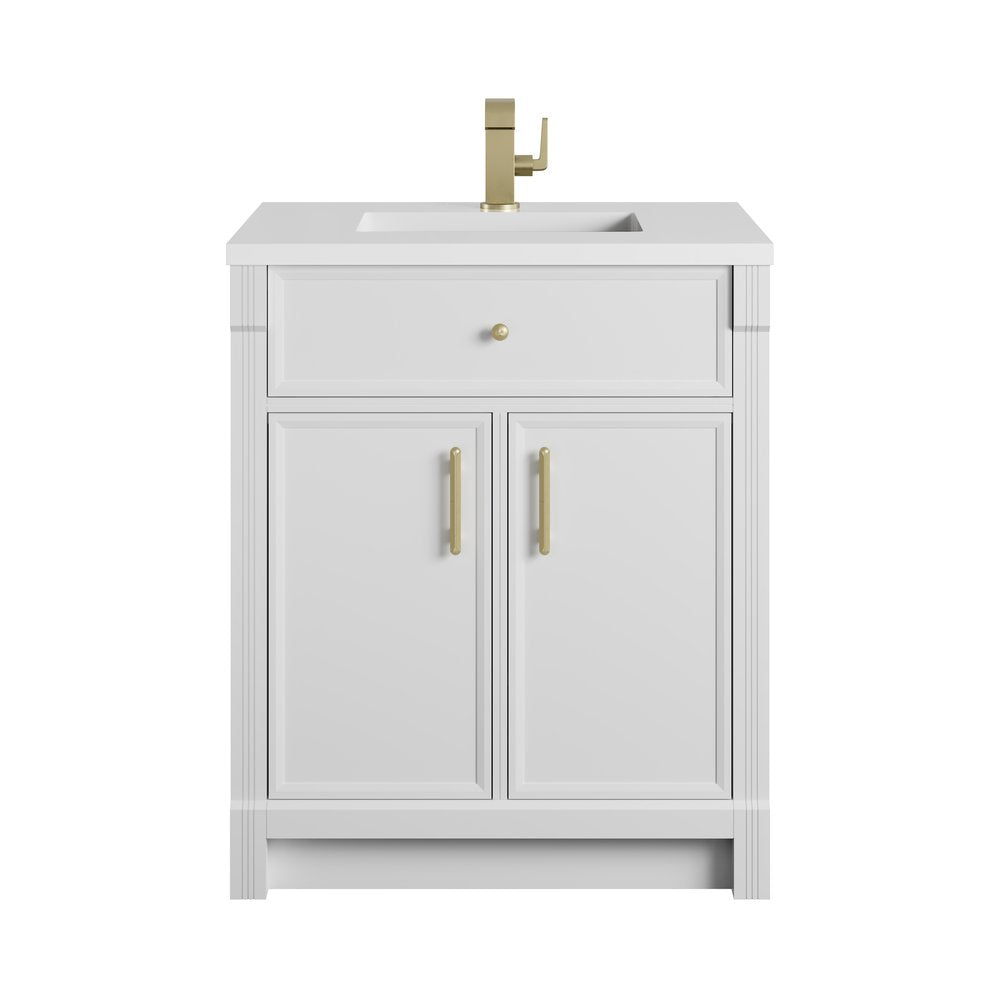 James Martin - Bellshire 30" Single Vanity, Bright White w/ Single Hole 3 CM White Zeus Silestone Top and Matching Backsplash - 660-V30-BW-1WZ view 2