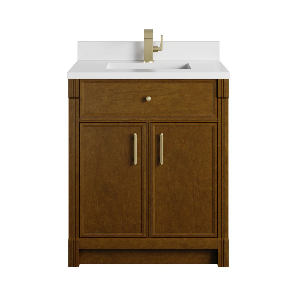 James Martin - Bellshire 30" Single Vanity, Honey Oak w/ Single Hole 3 CM White Zeus Silestone Top and Matching Backsplash - 660-V30-HNO-1WZ view 1