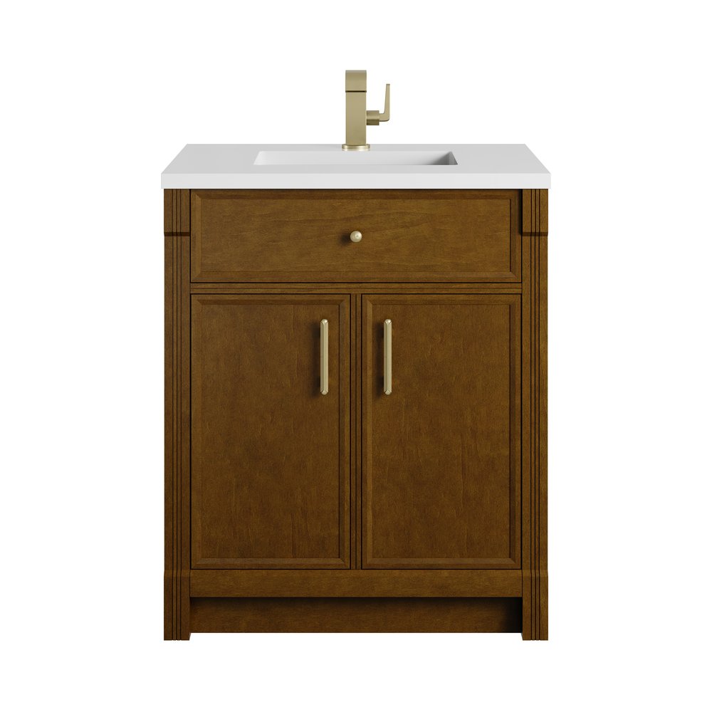 James Martin - Bellshire 30" Single Vanity, Honey Oak w/ Single Hole 3 CM White Zeus Silestone Top and Matching Backsplash - 660-V30-HNO-1WZ view 2