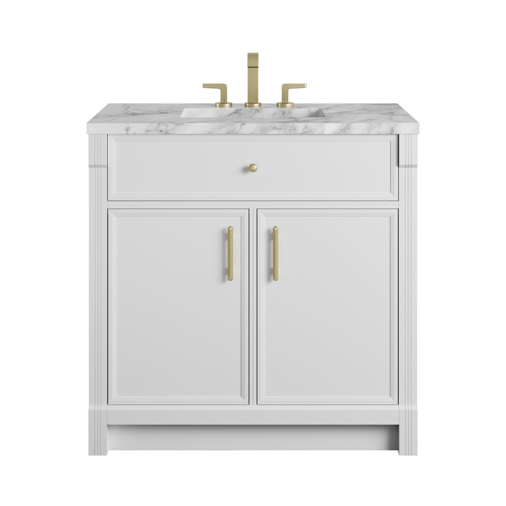 James Martin - Bellshire 36" Single Vanity, Bright White w/ 3 CM Carrara Marble Top - 660-V36-BW-3CAR view 1
