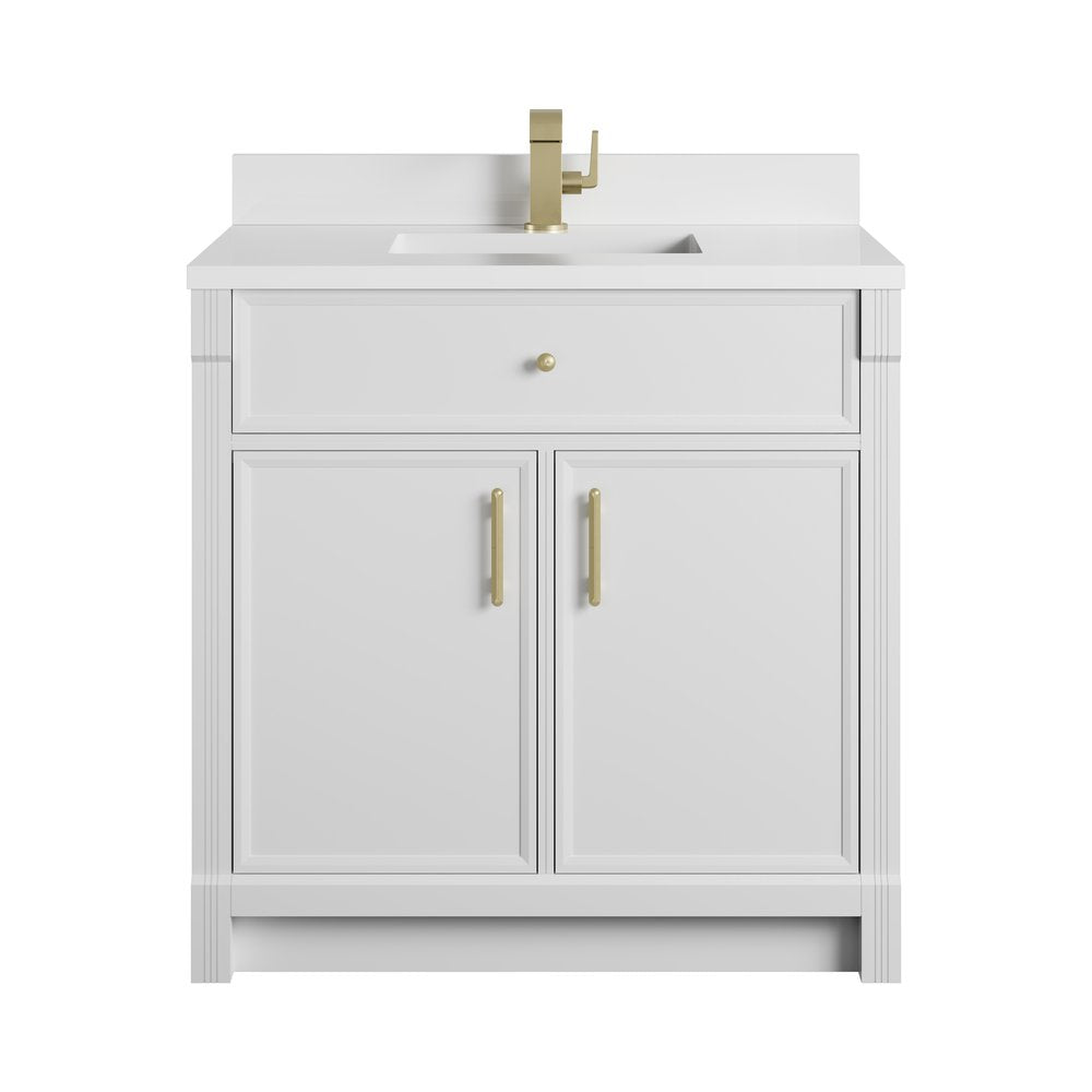 James Martin - Bellshire 36" Single Vanity, Bright White w/ Single Hole 3 CM White Zeus Silestone Top and Matching Backsplash - 660-V36-BW-1WZ view 1