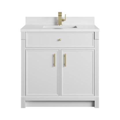 James Martin - Bellshire 36" Single Vanity, Bright White w/ Single Hole 3 CM White Zeus Silestone Top and Matching Backsplash - 660-V36-BW-1WZ view 1
