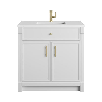 James Martin - Bellshire 36" Single Vanity, Bright White w/ Single Hole 3 CM White Zeus Silestone Top and Matching Backsplash - 660-V36-BW-1WZ view 2