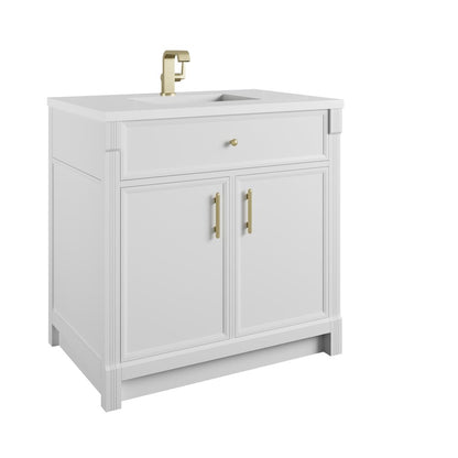 James Martin - Bellshire 36" Single Vanity, Bright White w/ Single Hole 3 CM White Zeus Silestone Top and Matching Backsplash - 660-V36-BW-1WZ view 8