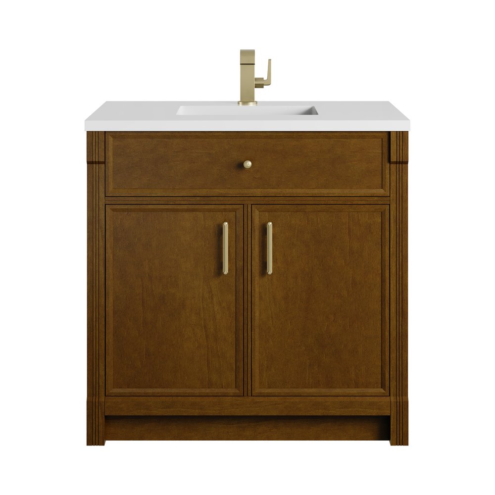 James Martin - Bellshire 36" Single Vanity, Honey Oak w/ Single Hole 3 CM White Zeus Silestone Top and Matching Backsplash - 660-V36-HNO-1WZ view 1