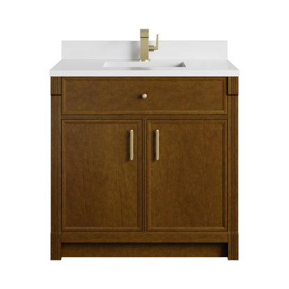 James Martin - Bellshire 36" Single Vanity, Honey Oak w/ Single Hole 3 CM White Zeus Silestone Top and Matching Backsplash - 660-V36-HNO-1WZ view 2