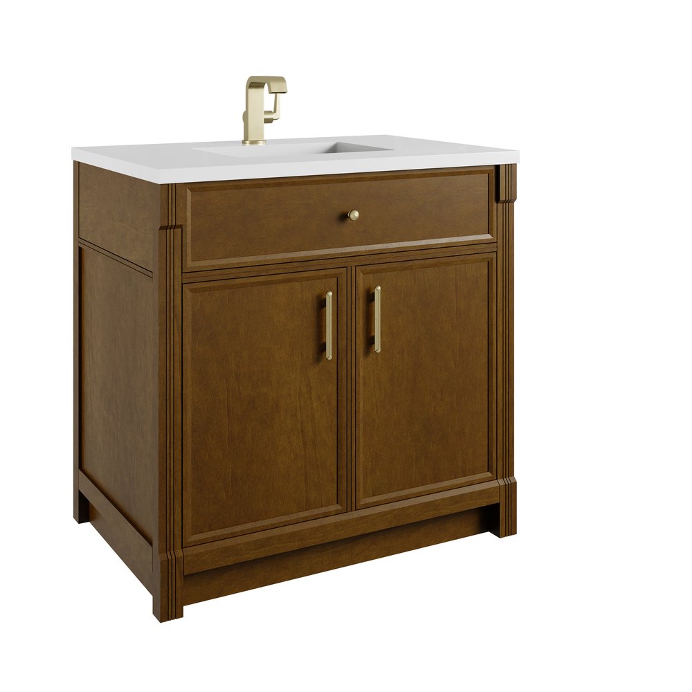 James Martin - Bellshire 36" Single Vanity, Honey Oak w/ Single Hole 3 CM White Zeus Silestone Top and Matching Backsplash - 660-V36-HNO-1WZ view 8
