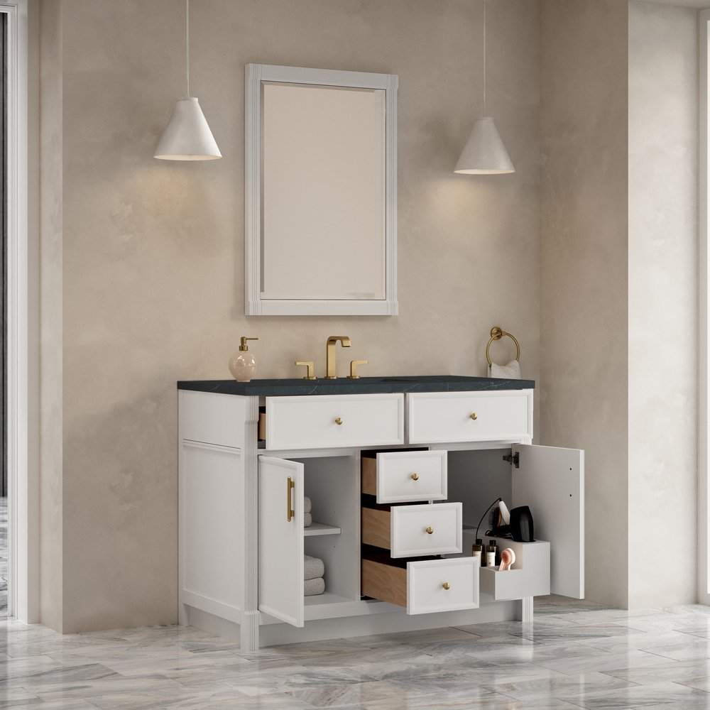 James Martin - Bellshire 48" Single Vanity, Bright White w/ 3 CM Charcoal Soapstone Silestone Top - 660-V48-BW-3CSP view 5