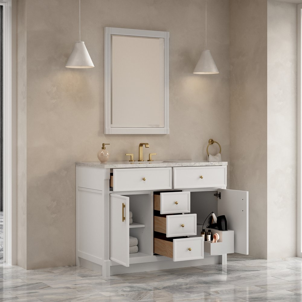 James Martin - Bellshire 48" Single Vanity, Bright White w/ 3 CM Eternal Jasmine Pearl Silestone Top - 660-V48-BW-3EJP view 5