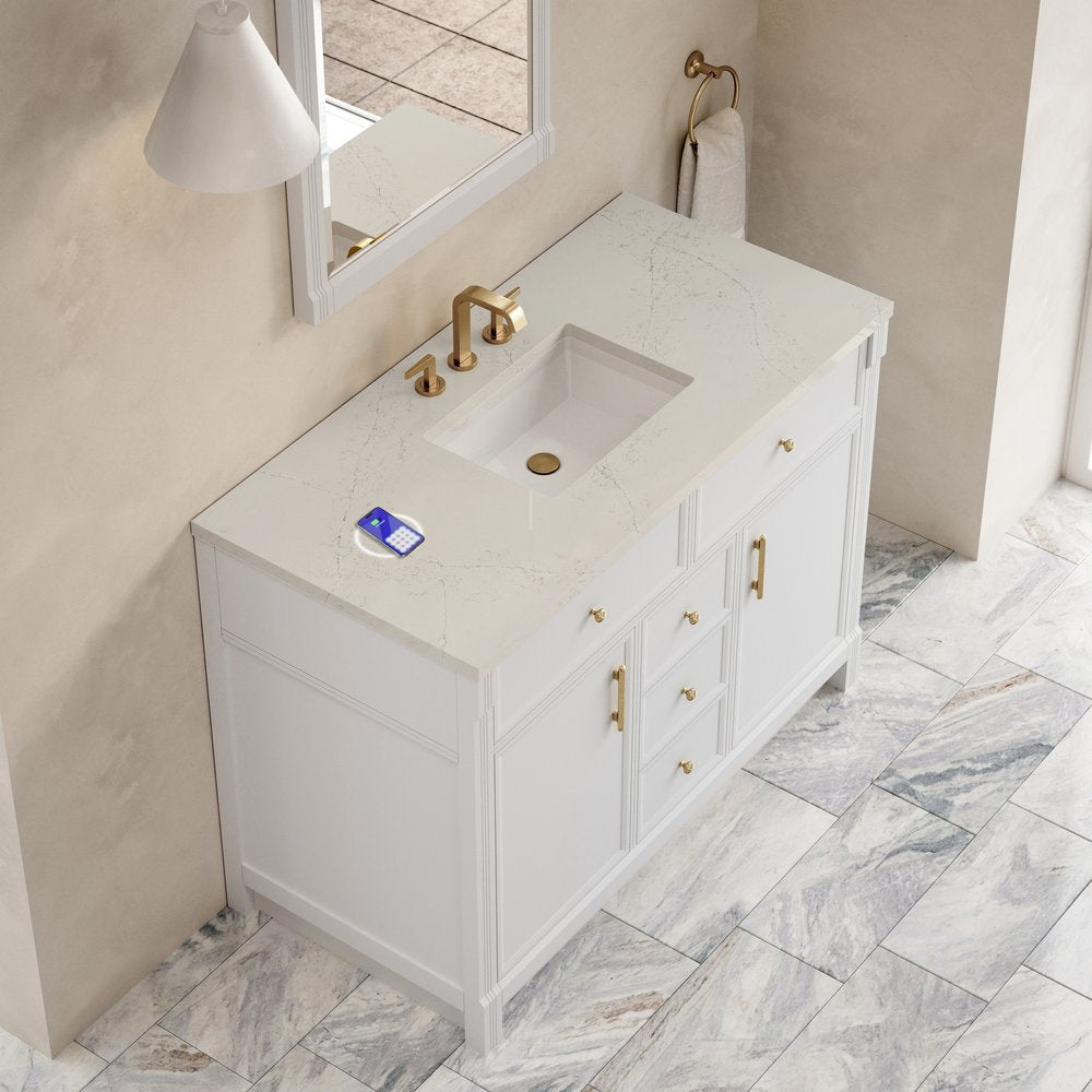James Martin - Bellshire 48" Single Vanity, Bright White w/ 3 CM Siberian Silestone Top w/FreePower Wireless Charger - 660-V48-BW-FSFR view 7