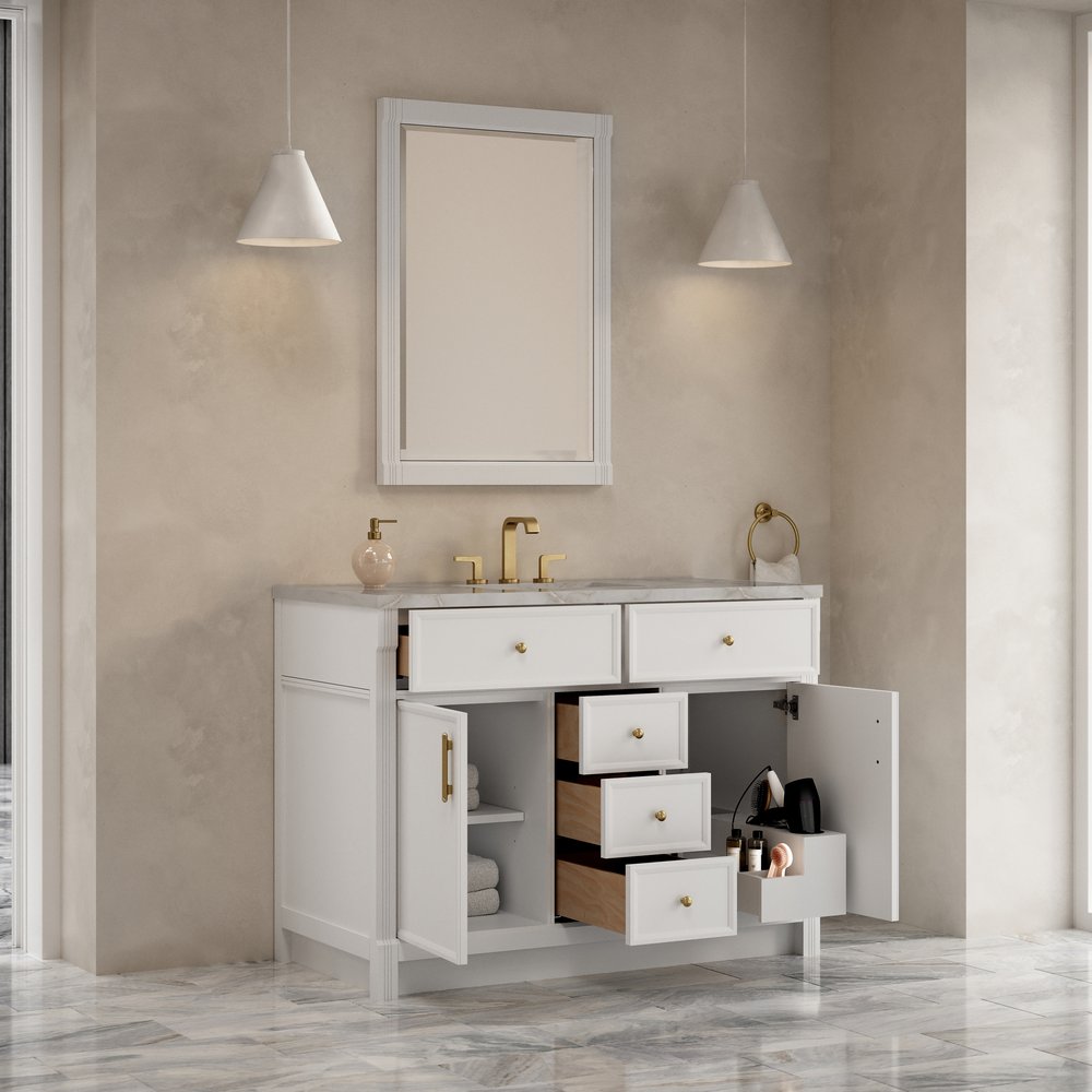 James Martin - Bellshire 48" Single Vanity, Bright White w/ 3 CM Victorian Silver Silestone Top w/FreePower Wireless Charger - 660-V48-BW-FVSL view 5
