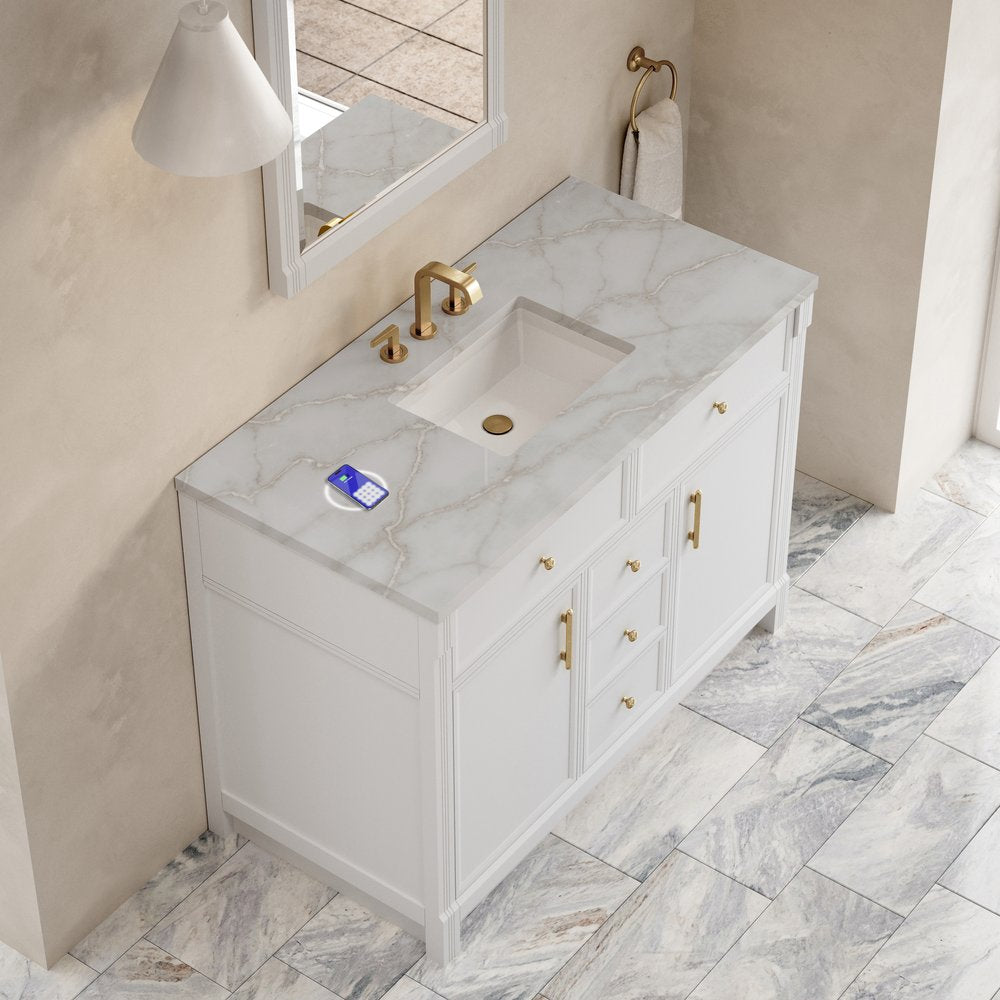 James Martin - Bellshire 48" Single Vanity, Bright White w/ 3 CM Victorian Silver Silestone Top w/FreePower Wireless Charger - 660-V48-BW-FVSL view 7