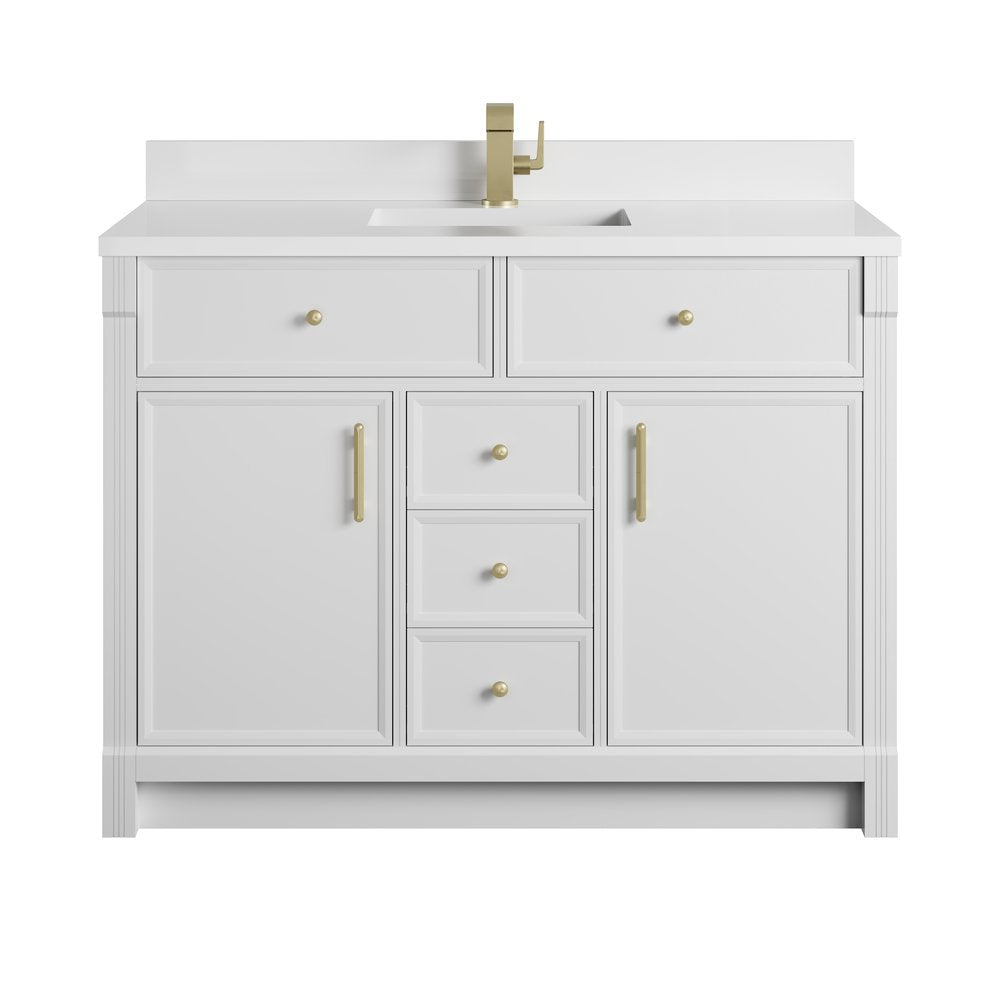 James Martin - Bellshire 48" Single Vanity, Bright White w/ Single Hole 3 CM White Zeus Silestone Top and Matching Backsplash - 660-V48-BW-1WZ view 1