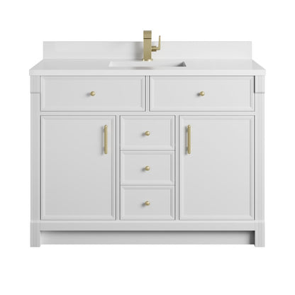James Martin - Bellshire 48" Single Vanity, Bright White w/ Single Hole 3 CM White Zeus Silestone Top and Matching Backsplash - 660-V48-BW-1WZ view 1