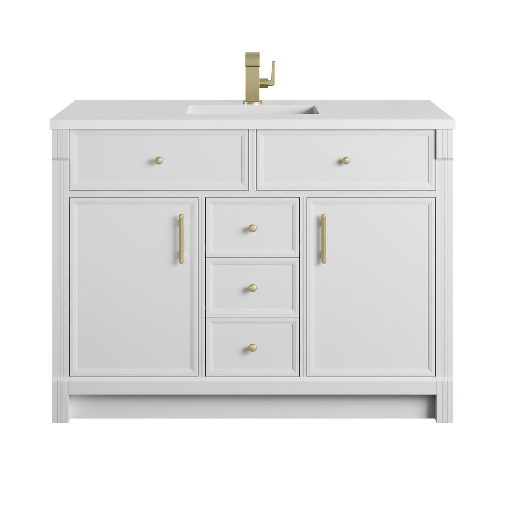 James Martin - Bellshire 48" Single Vanity, Bright White w/ Single Hole 3 CM White Zeus Silestone Top and Matching Backsplash - 660-V48-BW-1WZ view 2