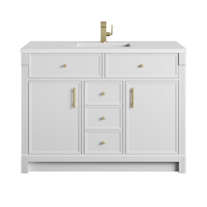 James Martin - Bellshire 48" Single Vanity, Bright White w/ Single Hole 3 CM White Zeus Silestone Top and Matching Backsplash - 660-V48-BW-1WZ view 2