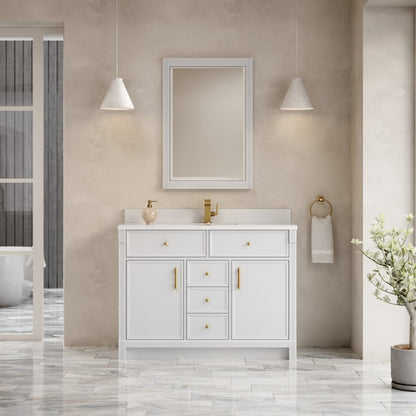 James Martin - Bellshire 48" Single Vanity, Bright White w/ Single Hole 3 CM White Zeus Silestone Top and Matching Backsplash - 660-V48-BW-1WZ view 4