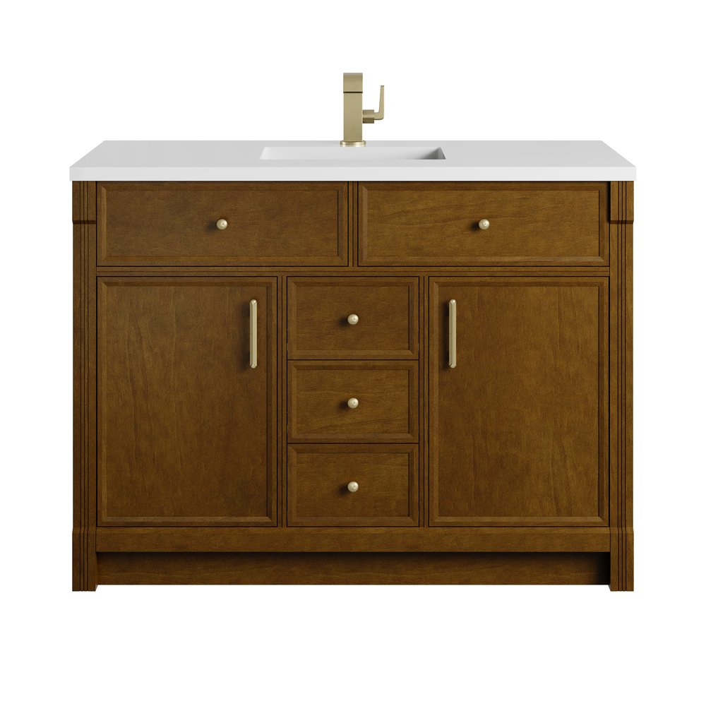 James Martin - Bellshire 48" Single Vanity, Honey Oak w/ Single Hole 3 CM White Zeus Silestone Top and Matching Backsplash - 660-V48-HNO-1WZ view 2