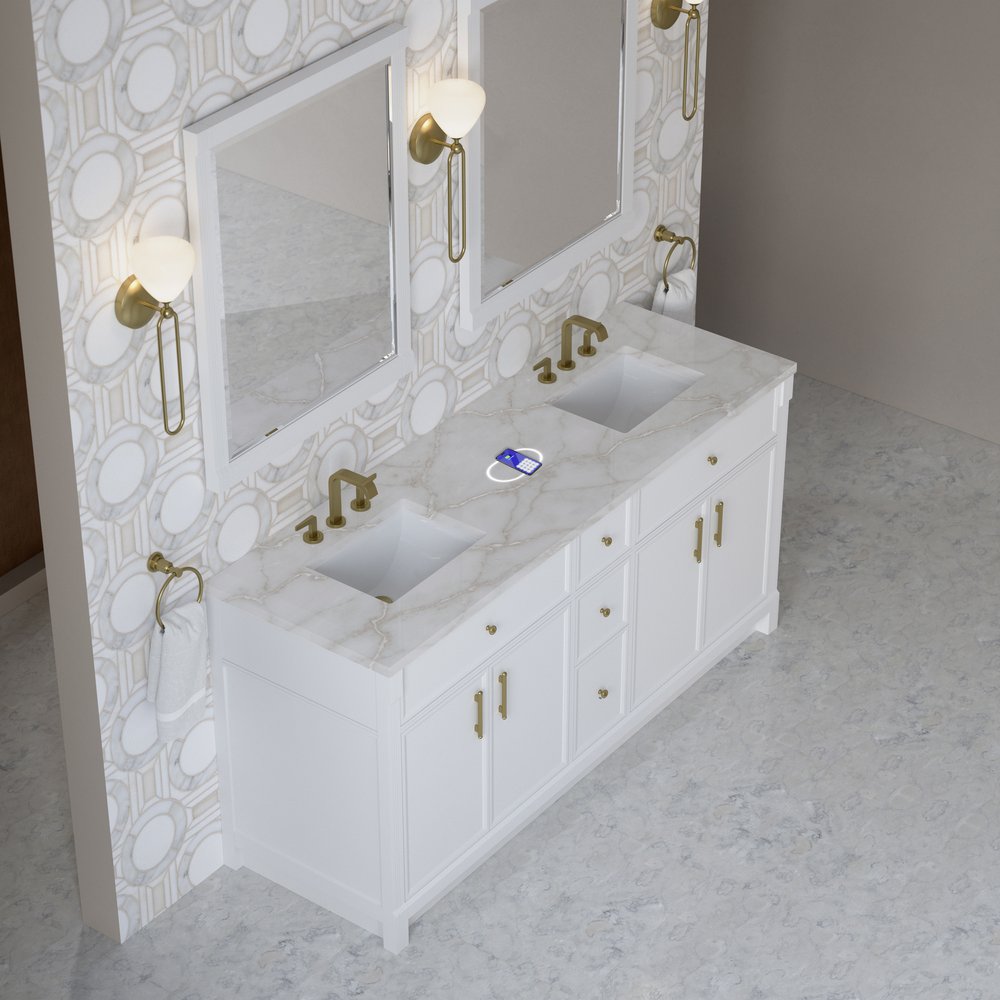 James Martin - Bellshire 72" Double Vanity, Bright White w/ 3 CM Victorian Silver Silestone Top w/FreePower Wireless Charger - 660-V72-BW-FVSL view 4