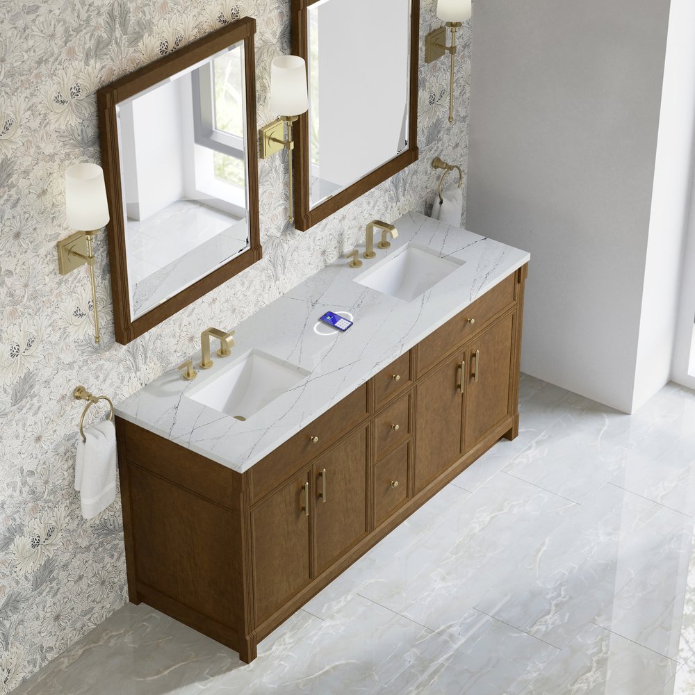 James Martin - Bellshire 72" Double Vanity, Honey Oak w/ 3 CM Ethereal Noctis Silestone Top w/FreePower Wireless Charger - 660-V72-HNO-FENC view 7