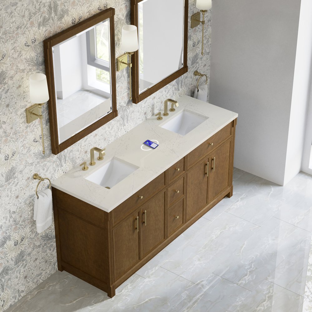 James Martin - Bellshire 72" Double Vanity, Honey Oak w/ 3 CM Siberian Silestone Top w/FreePower Wireless Charger - 660-V72-HNO-FSFR view 7